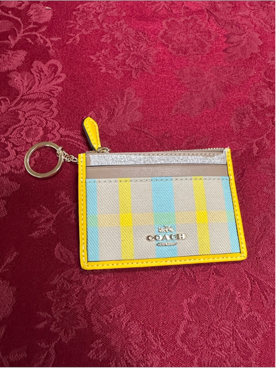 Coach Handbags - Coach Tan Leather & Yellow Plaid Card Zip Pouch w/ Key Ring